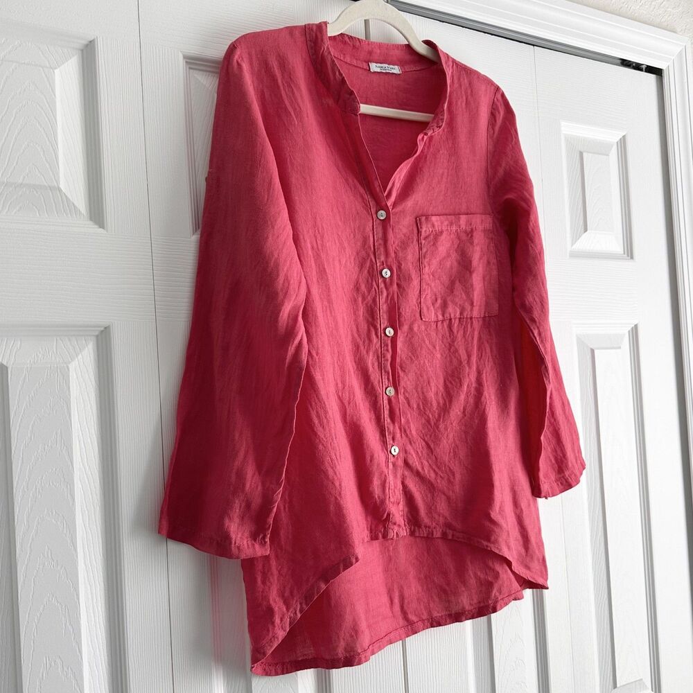 Angela Mara Italy Pink Linen Look Tunic Top Button Front High Low Lightweight - Picture 3 of 9
